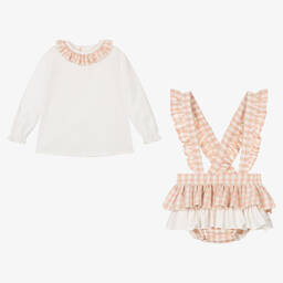 Abuela Tata-Girls Ivory & Pink Check Shorts Set | Childrensalon Outlet