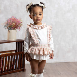 Abuela Tata-Girls Ivory & Pink Check Shorts Set | Childrensalon Outlet