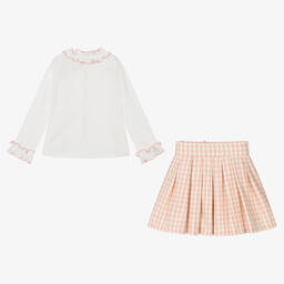 Abuela Tata-Girls Ivory & Pink Check Skirt Set | Childrensalon Outlet