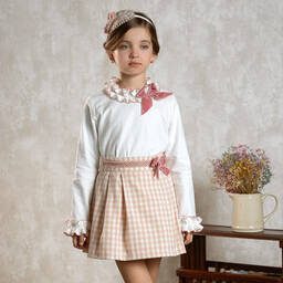 Abuela Tata-Girls Ivory & Pink Check Skirt Set | Childrensalon Outlet