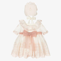 Abuela Tata-Кремово-розовый комплект с платьем из тюля | Childrensalon Outlet
