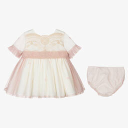 Abuela Tata-Кремово-розовое платье и чепчик из тюля | Childrensalon Outlet