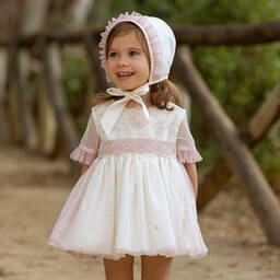 Abuela Tata-Кремово-розовое платье и чепчик из тюля | Childrensalon Outlet