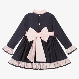 Abuela Tata-فستان قطن تويل مزين بكشكش لون كحلي وزهري | Childrensalon Outlet