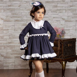 Abuela Tata-فستان قطن تويل مزين بكشكش لون كحلي وزهري | Childrensalon Outlet