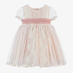 أبويلا تاتا-فستان قطن مزين بدانتيل وتول لون زهري وعاجي | Childrensalon Outlet