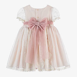 أبويلا تاتا-فستان قطن مزين بدانتيل وتول لون زهري وعاجي | Childrensalon Outlet