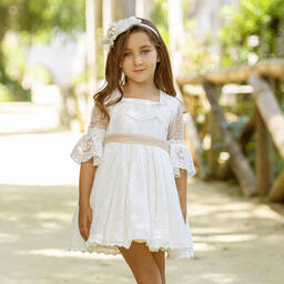 Abuela Tata-Белое платье из тюля с бежевым поясом | Childrensalon Outlet