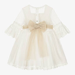 Abuela Tata-Белое платье из тюля с бежевым поясом | Childrensalon Outlet