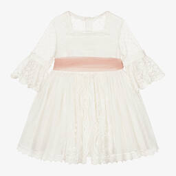 Abuela Tata-Белое платье из тюля с розовым поясом | Childrensalon Outlet