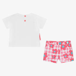 Agatha Ruiz de la Prada-طقم شورت قطن لون أبيض وزهري بطبعة ورود للبنات | Childrensalon Outlet