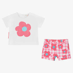 Agatha Ruiz de la Prada-طقم شورت قطن لون أبيض وزهري بطبعة ورود للبنات | Childrensalon Outlet