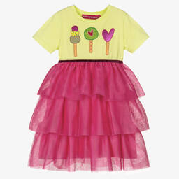 Agatha Ruiz de la Prada-فستان قطن وتول لون زهري وأصفر نيون | Childrensalon Outlet