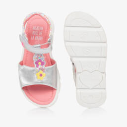 Agatha Ruiz de la Prada-صنادل فضية متألقة للبنات مزينة بالزهور | Childrensalon Outlet
