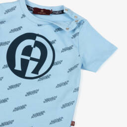 AIGNER-Baby Boys Pale Blue Cotton T-Shirt with Logo Print | Childrensalon Outlet