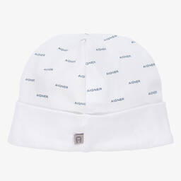 AIGNER-Baby Boys White & Blue Pima Cotton Hat | Childrensalon Outlet