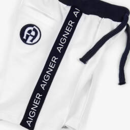 AIGNER-Baby Boys White Cotton Jersey Shorts with Navy Blue Trim | Childrensalon Outlet