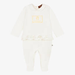 AIGNER-Baby Girls Ivory Cotton Babygrow with Ruffle Trim | Childrensalon Outlet