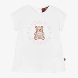 AIGNER-Baby Girls White Cotton  Dress with Teddy Logo Print | Childrensalon Outlet