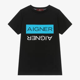AIGNER-Boys Black Cotton T-Shirt | Childrensalon Outlet