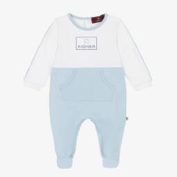 AIGNER-Boys Blue & White Cotton Pouch Pocket Babygrow | Childrensalon Outlet