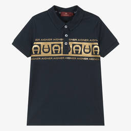 AIGNER-Boys Navy Blue & Gold Cotton Polo Shirt | Childrensalon Outlet