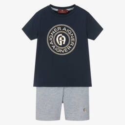 AIGNER-Boys Navy Blue & Grey Cotton Jersey Short Pyjamas | Childrensalon Outlet