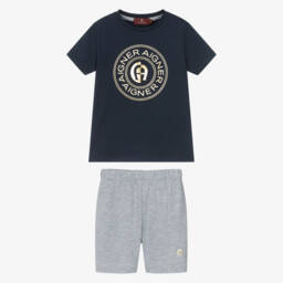 AIGNER-Boys Navy Blue & Grey Cotton Jersey Short Pyjamas | Childrensalon Outlet