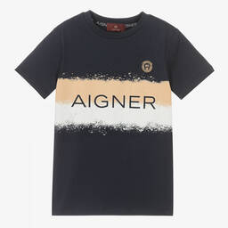 AIGNER-Boys Navy Blue Striped Logo T-Shirt | Childrensalon Outlet
