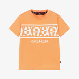 AIGNER-Boys Orange Cotton T-Shirt with Repeat Logos | Childrensalon Outlet
