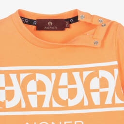 AIGNER-Boys Orange Cotton T-Shirt with Repeat Logos | Childrensalon Outlet