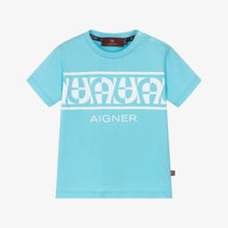 AIGNER-Boys Pale Blue Cotton T-Shirt with White Logos | Childrensalon Outlet