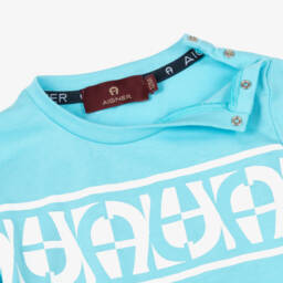 AIGNER-Boys Pale Blue Cotton T-Shirt with White Logos | Childrensalon Outlet