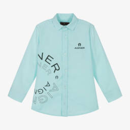AIGNER-Boys Turquoise Poplin Logo Shirt | Childrensalon Outlet