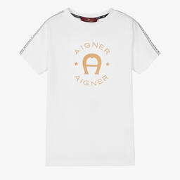 AIGNER-Boys White Cotton Flock Logo T-Shirt | Childrensalon Outlet