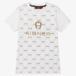 AIGNER-Boys White Cotton Logo T-Shirt | Childrensalon Outlet