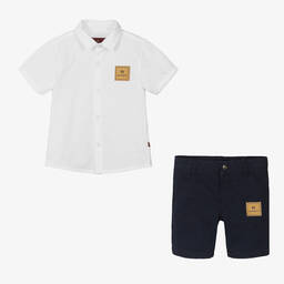 AIGNER-Boys White & Navy Blue Cotton Shorts Set | Childrensalon Outlet