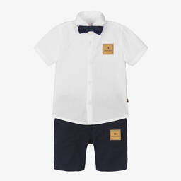 AIGNER-Boys White & Navy Blue Cotton Shorts Set | Childrensalon Outlet