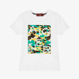 AIGNER-Boys White T-Shirt with Green & Yellow Logo Graphic | Childrensalon Outlet