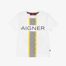 AIGNER-Boys White T-Shirt with Yellow & Black Logo Graphic | Childrensalon Outlet