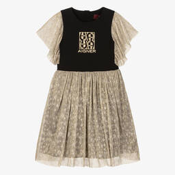 AIGNER-Girls Black & Metallic Gold Cotton Dress | Childrensalon Outlet