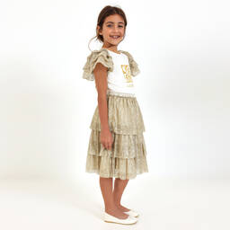 AIGNER-Girls Gold Tiered Polka Dot Plissé Skirt | Childrensalon Outlet