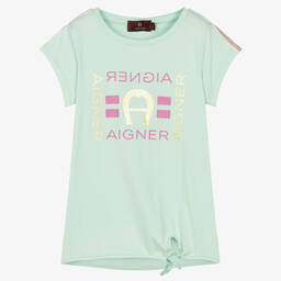 اقنر-Girls Green Cotton Logo T-Shirt | Childrensalon Outlet