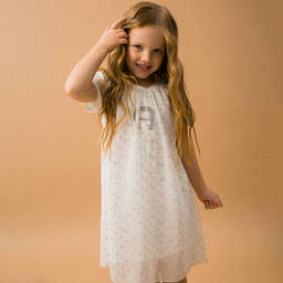 اقنر-فستان قطن وشيفون لون عاجي | Childrensalon Outlet