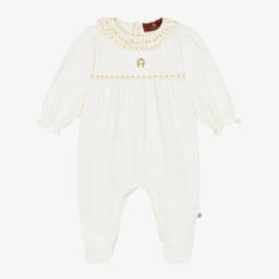 AIGNER-Girls Ivory Cotton Babygrow with Logo Ruffle Collar | Childrensalon Outlet
