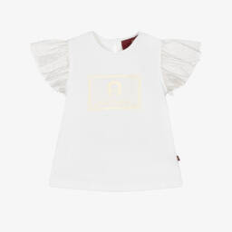 AIGNER-Girls Ivory Cotton T-Shirt with Tulle Sleeves | Childrensalon Outlet