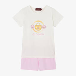 AIGNER-بيجاما شورت قطن جيرسي لون عاجي وزهري للبنات | Childrensalon Outlet
