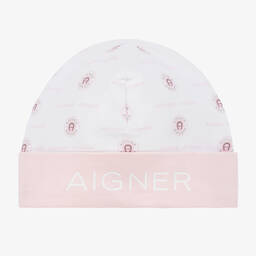 AIGNER-Girls Pink & White Pima Cotton Baby Hat | Childrensalon Outlet