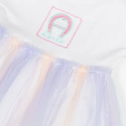 AIGNER-Girls White Cotton Dress with Pastel Tulle Skirt | Childrensalon Outlet