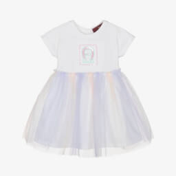 AIGNER-Girls White Cotton Dress with Pastel Tulle Skirt | Childrensalon Outlet